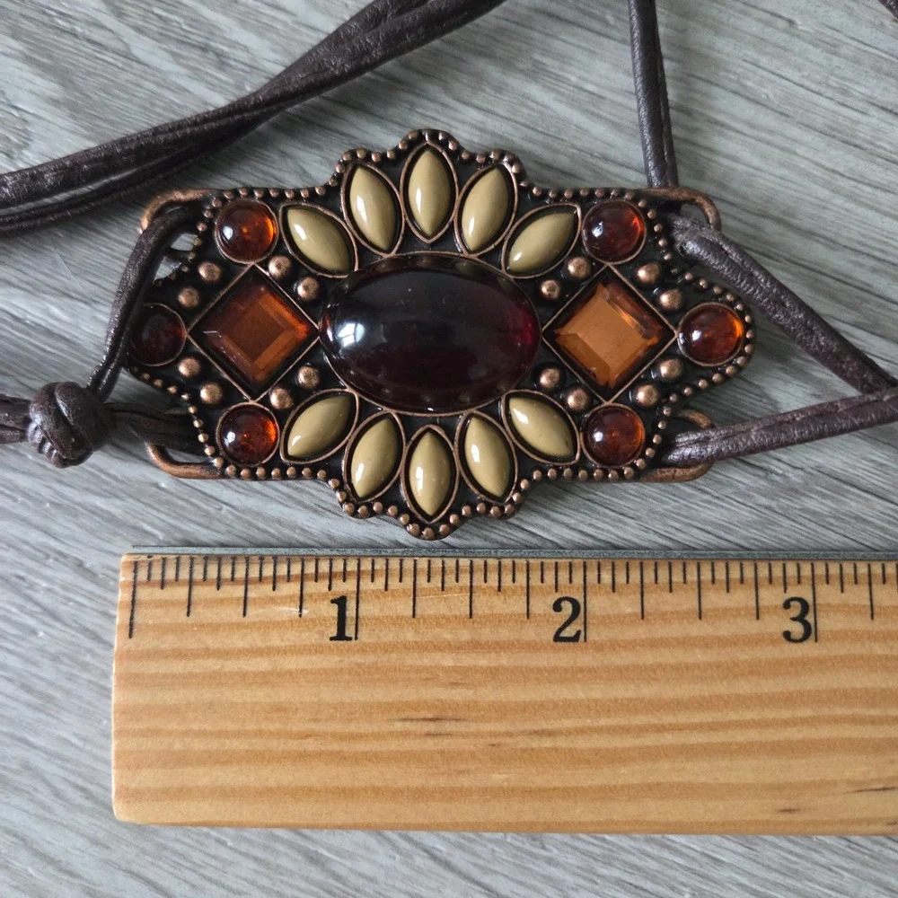 Boho Amber Stone Medallion Tie Belt Brown Faux Leather Western Festival Waist 28